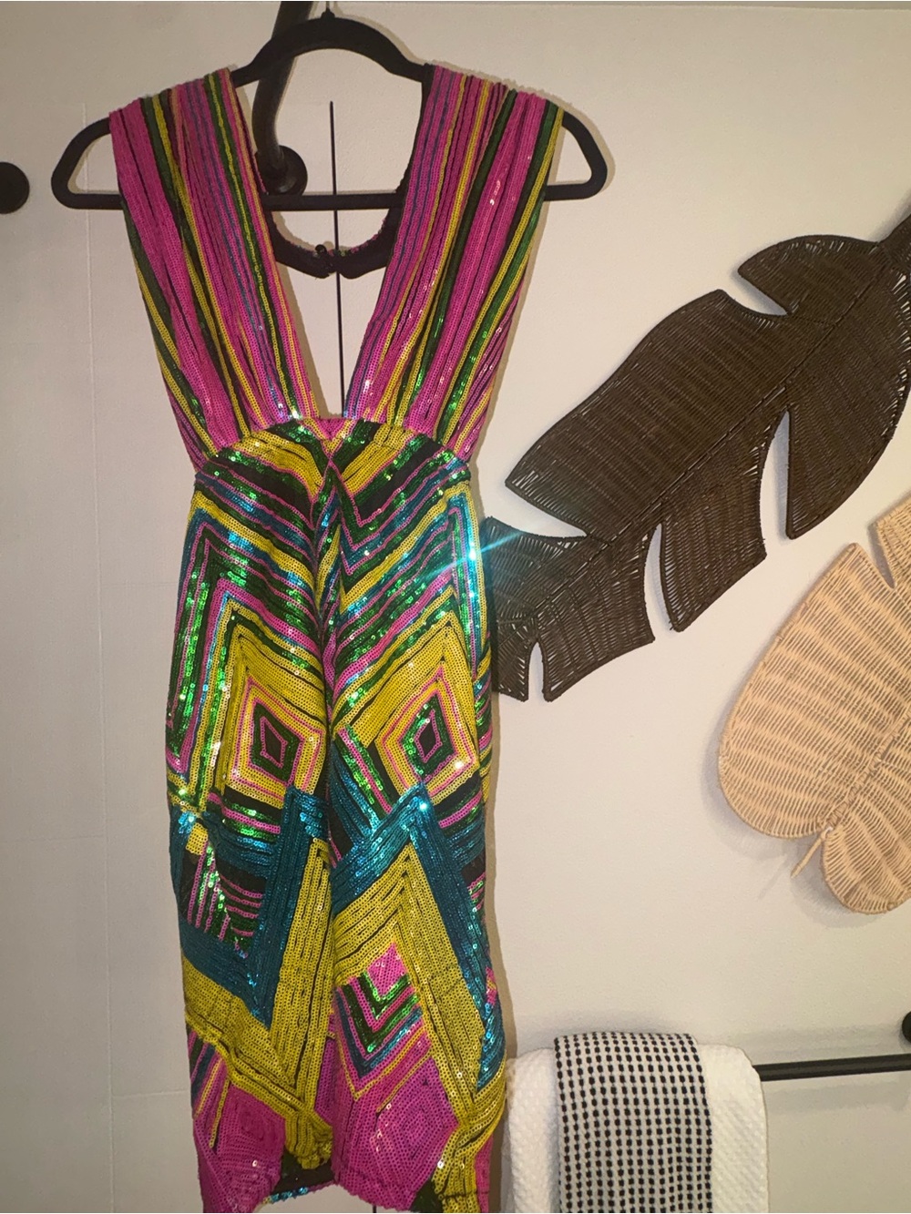 Fashion Nova Sequined Colorblock V-Back Mini Dress — Pink, Yellow & Teal